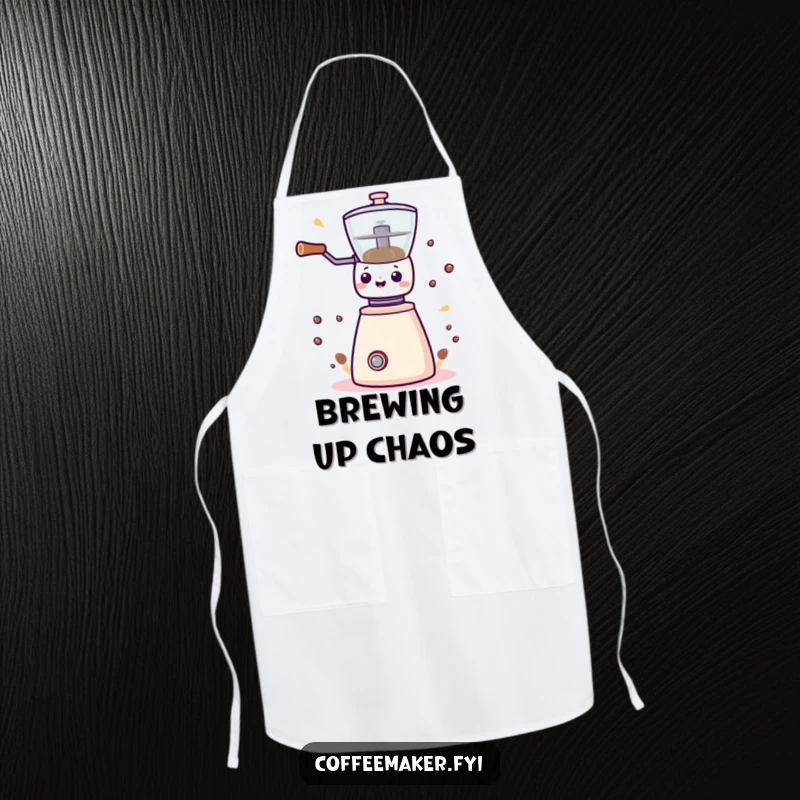 Funny Kawaii coffee grinder apron, designed for kitchen fun, featuring a spinning grinder with energetic flair.