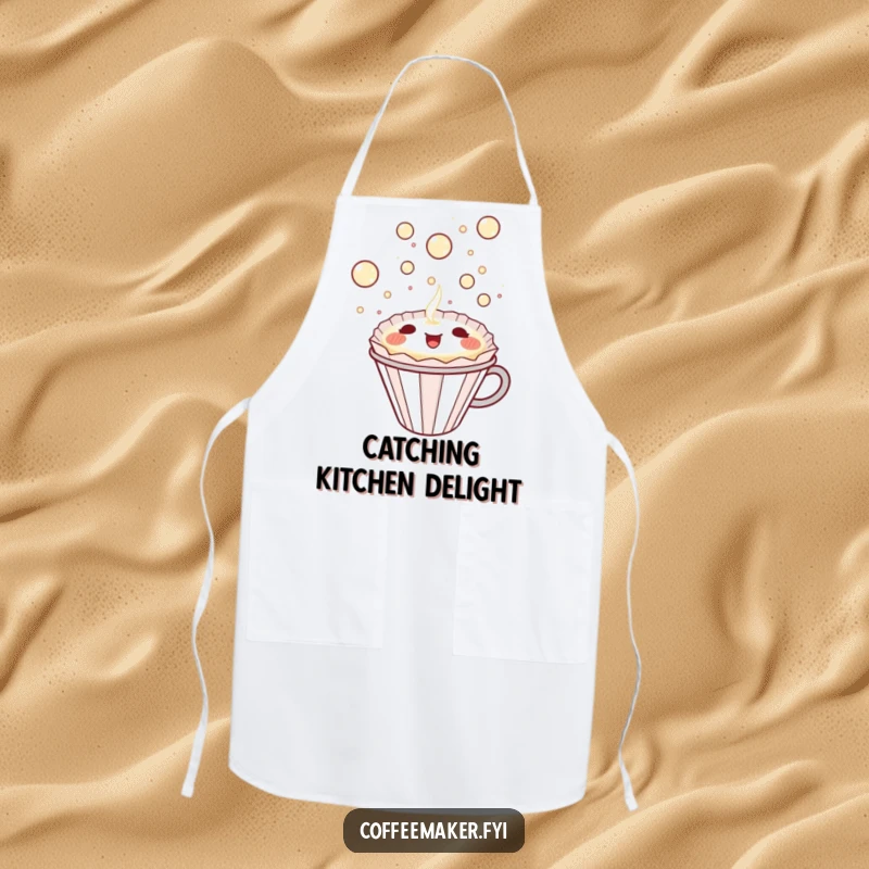 Funny Kawaii Coffee Filter Apron with a happy character catching bubbly delight, perfect for kitchen fun and a humorous gift.