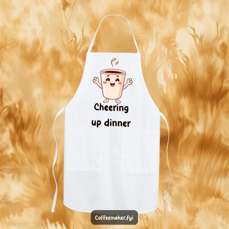 Funny cheerful coffee cup character with tiny hands cheering, designed on a practical and humorous apron.