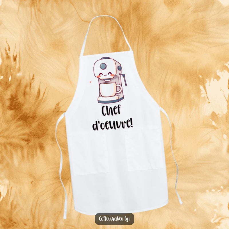 Funny apron with a coffee maker character showing surprise and delight at a perfectly brewed cup of coffee, adding humor to cooking.