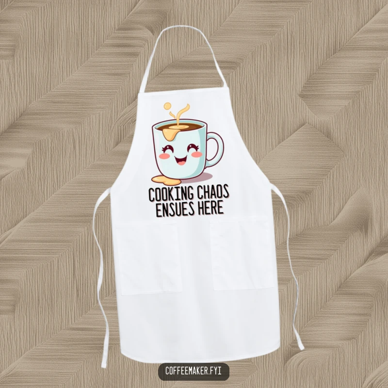 Funny apron with a cute coffee mug character, happy and spilling coffee, perfect for kitchen humor and protection.