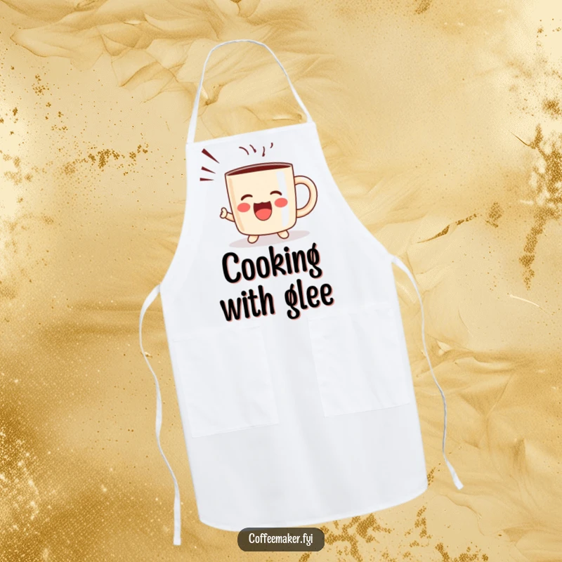 Funny apron featuring a kawaii coffee mug character joyfully shouting, perfect for adding a fun element to cooking.