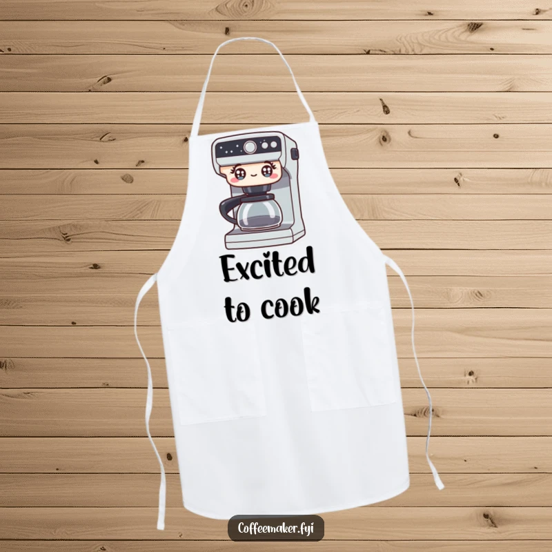 Funny apron featuring a coffee maker with wide, excited eyes, perfect for kitchen duties with a burst of enthusiasm and humor. A practical accessory.