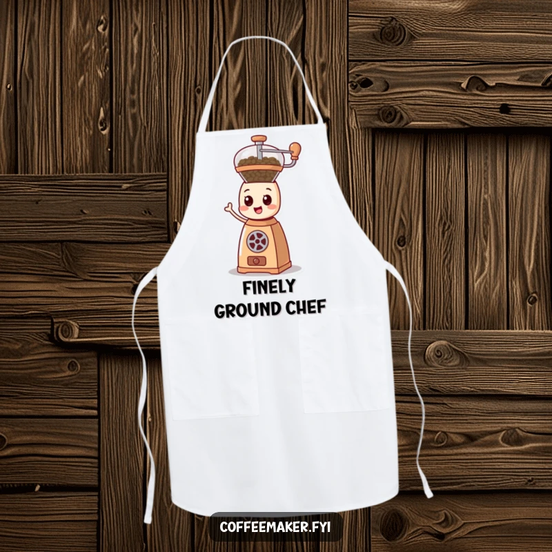 Funny cartoonish coffee grinder character happily spinning its mechanism on a practical apron, ready for kitchen grinding actions.