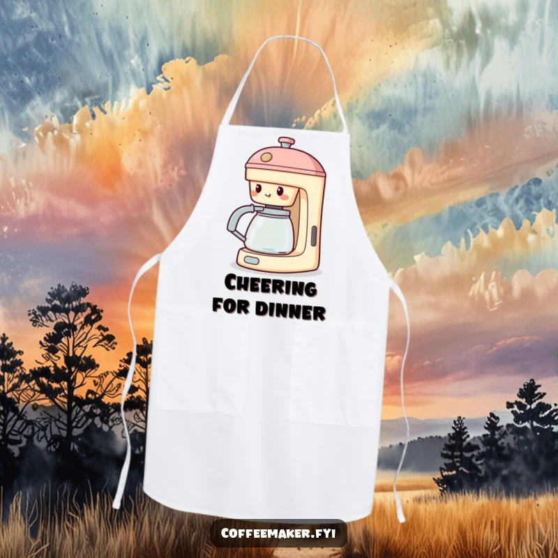 Funny Cheering Coffee Maker Apron: Machine with spout extended, cheering, ready for kitchen tasks with a supportive spirit.