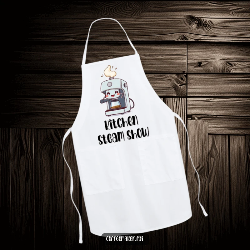 Funny Apron: A grinning coffee machine character spraying a celebratory geyser of steam, perfect for a humorous cooking session.
