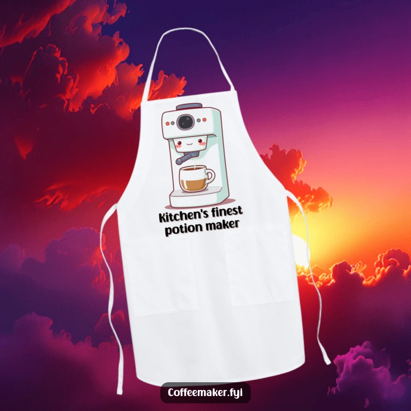 Funny Coffee Maker Apron: Cute machine gleefully dispensing coffee, ready for kitchen adventures and culinary laughs.