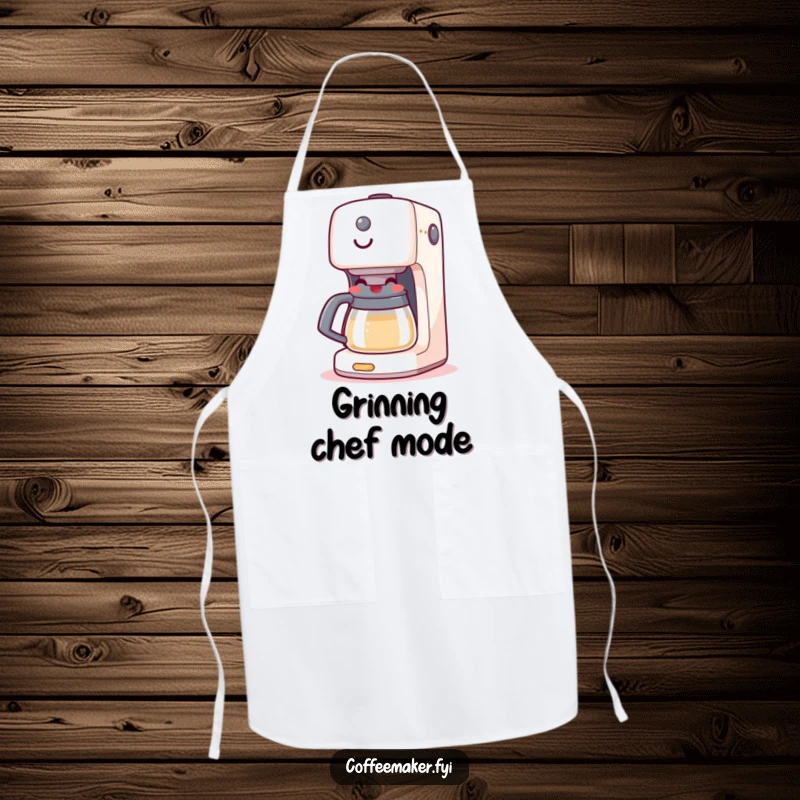 Funny apron showing a coffee maker machine happily boiling with a big grin, perfect for messy kitchen tasks with a cheerful attitude.