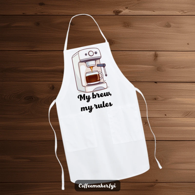 Funny apron showing a coffee maker machine proudly dispensing a stream of perfect coffee, ideal for keeping kitchen attire clean.