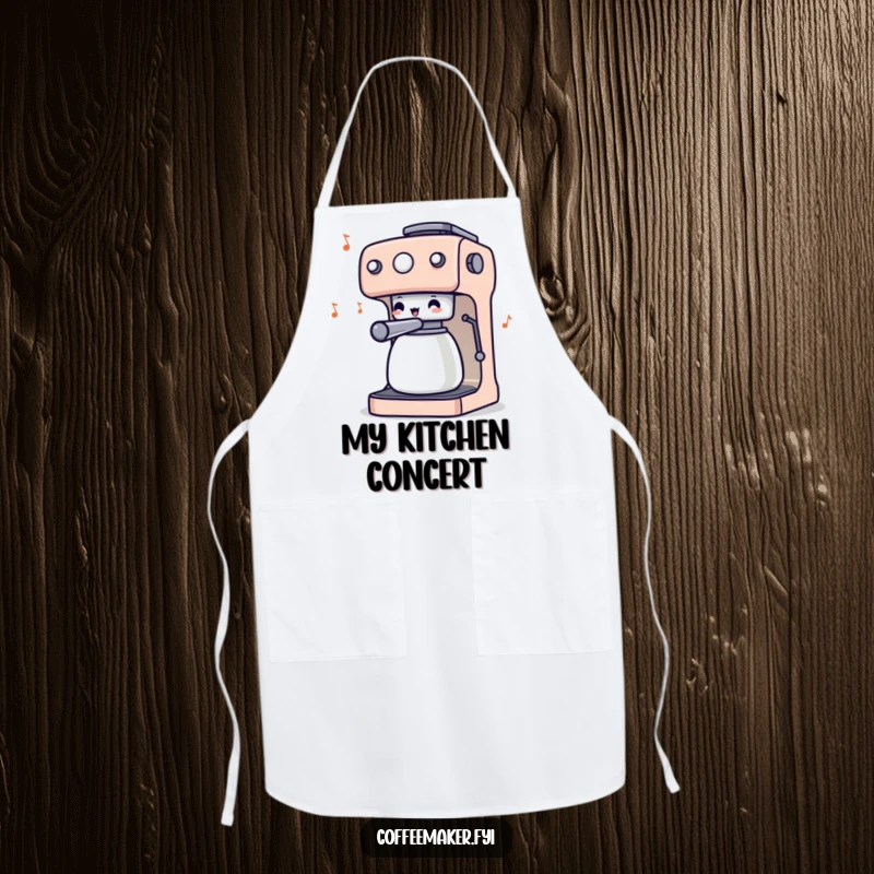 Funny apron featuring a coffee maker character conducting with its wiggling knobs, adding a musical and humorous flair to kitchen duties.