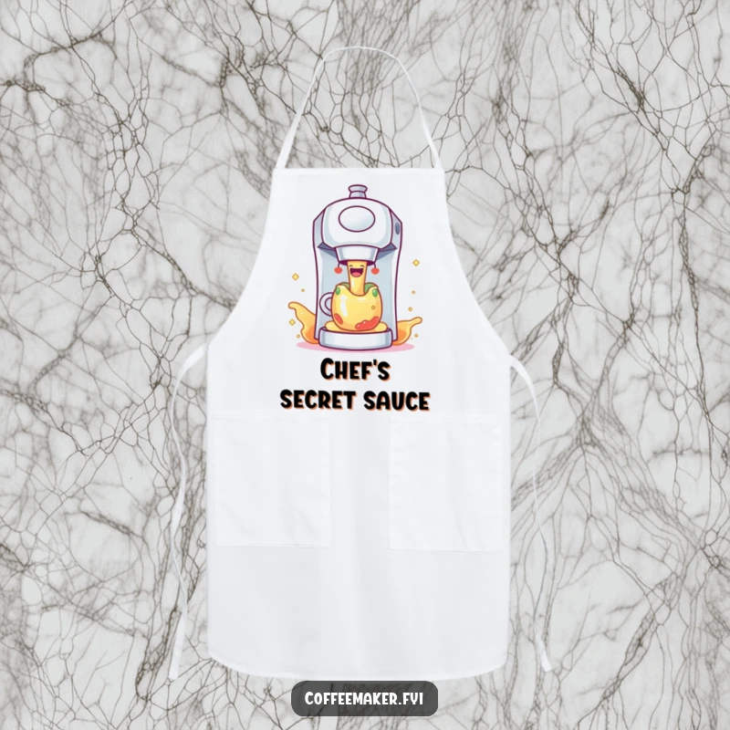 Funny coffee maker character joyfully pouring colorful, sparkling liquid, on a practical and humorous kitchen apron.