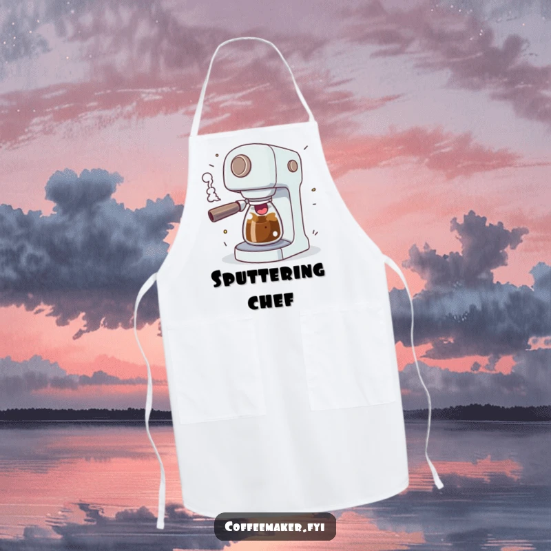 Funny coffee maker character comically sputtering with excitement and erupting steam, on a practical and humorous kitchen apron.