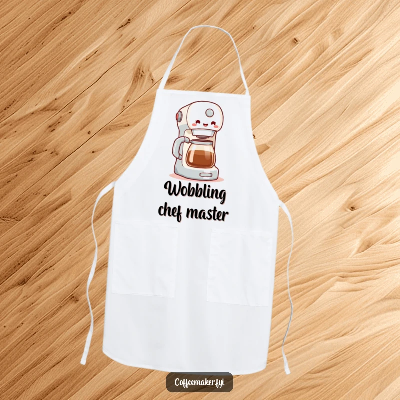 Funny apron depicting a coffee maker in a happy, spirited wobble, perfect for kitchen duty with a smile. A practical and humorous cooking accessory.