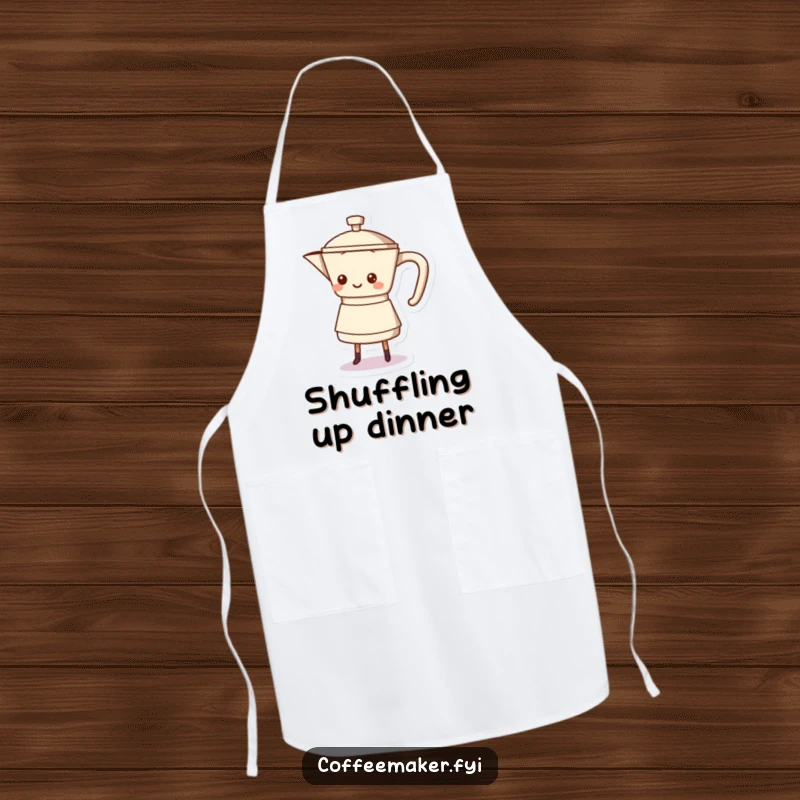 Funny coffee pot character shuffling its base on this apron, bringing dance to the kitchen.