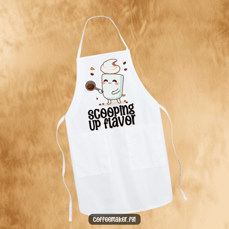 Funny coffee scoop character performing a large scoop, designed on a protective and humorous apron.