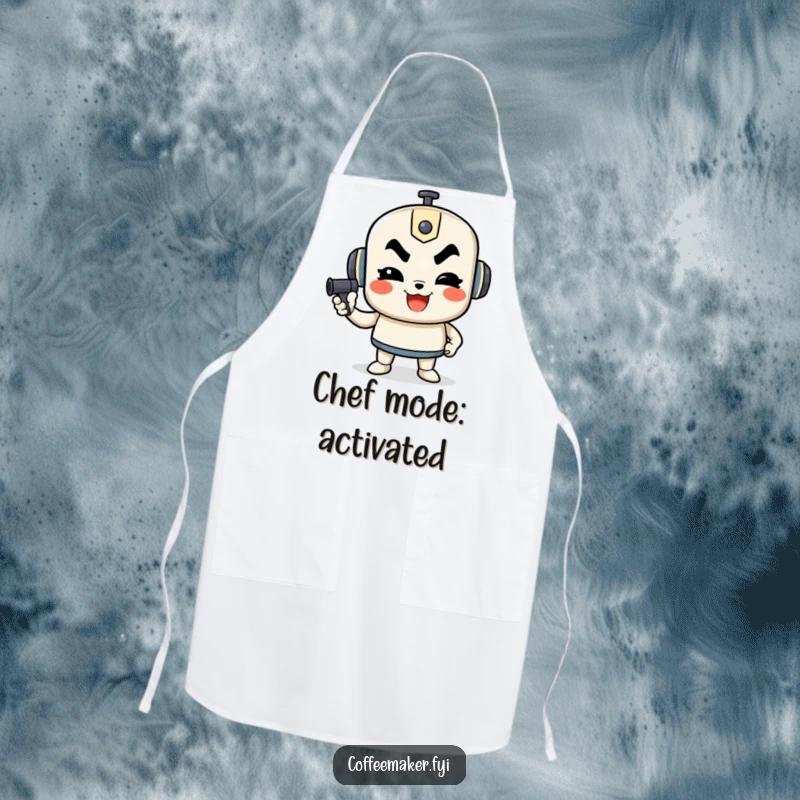 Funny apron featuring a determined French press character pumping, ideal for adding humor to kitchen tasks.
