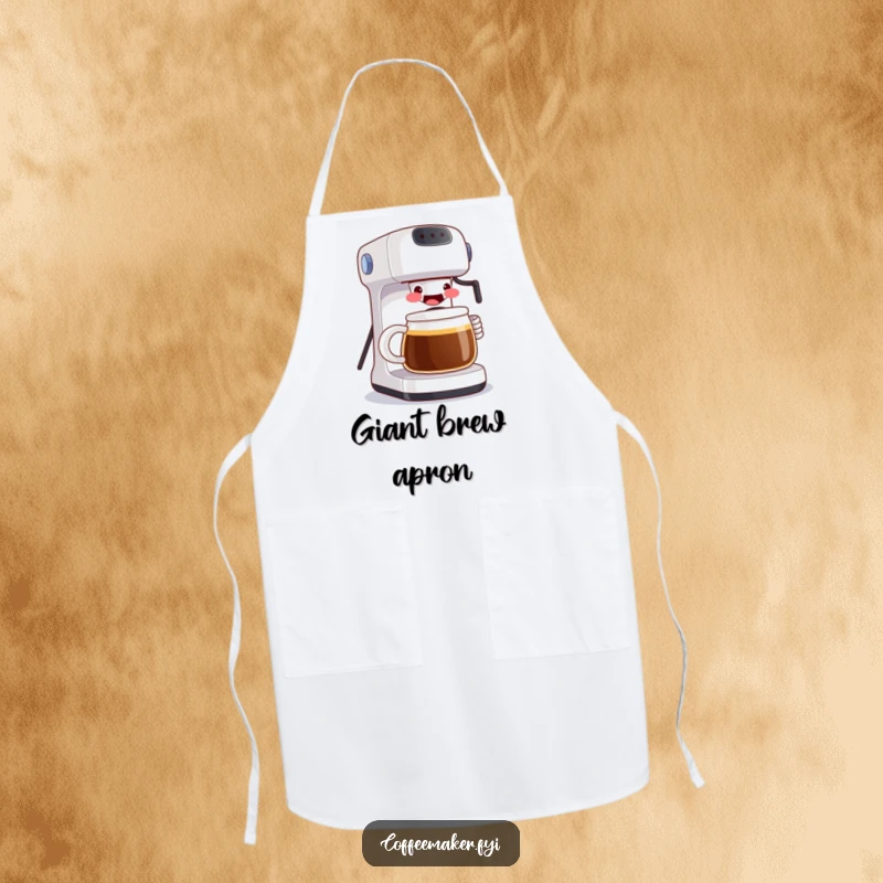 Funny apron featuring a smiling coffee maker pouring a large mug, perfect for kitchen duties with a dose of humor and personality. A practical accessory.