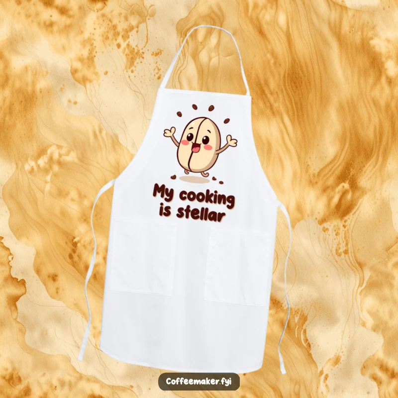 Funny apron for cooking, featuring a kawaii coffee bean character bouncing with excitement.