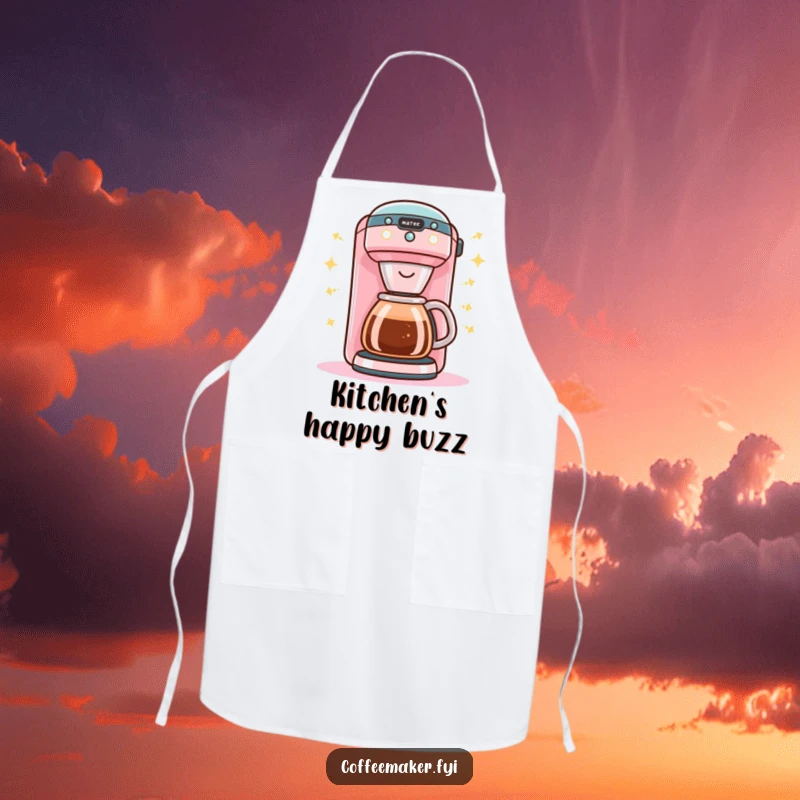 Funny Kawaii coffee maker apron protecting your clothes with a cheerful buzz and bright lights.