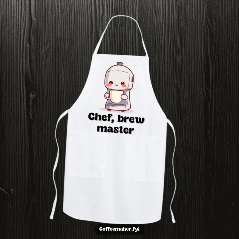 Funny Kawaii coffee maker apron design, character proudly holding a steaming cup, ready for cooking.