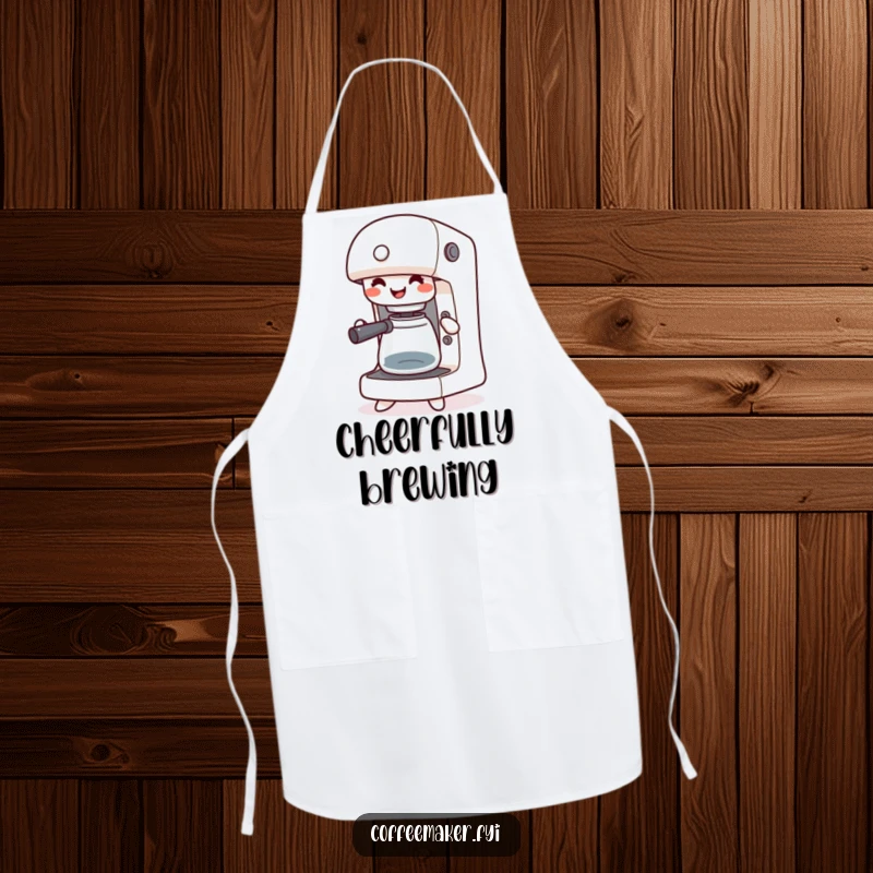 Funny apron featuring a happy kawaii coffee maker jigging with its buttons pressed, ideal for a cheerful cooking experience.