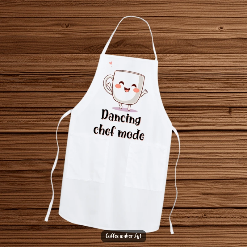 Funny Kawaii Coffee Mug Apron with a cheerful mug character dancing joyfully, perfect for adding playful energy to cooking.