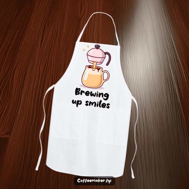 Funny Kawaii coffee pot apron protecting your clothes while pouring a happy stream of deliciousness.