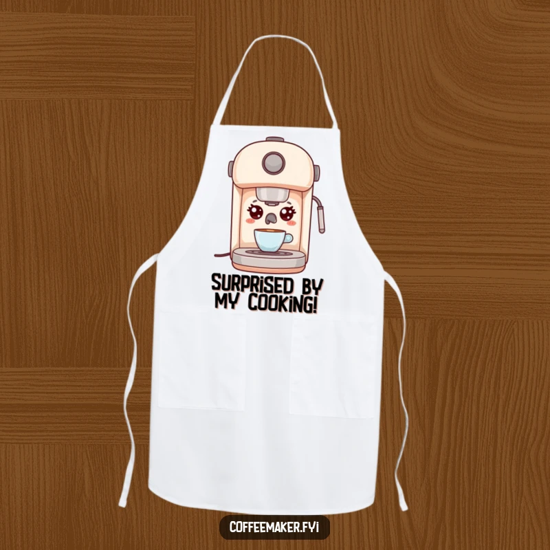 Funny Kawaii Espresso Machine Apron with wide, surprised eyes, perfect for kitchen fun and a humorous gift.