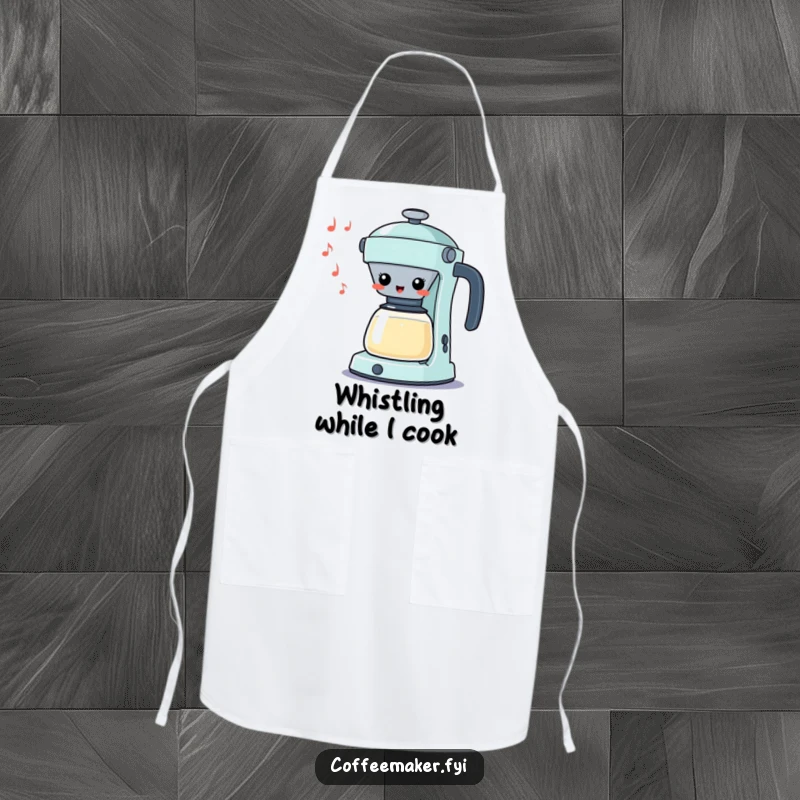 Funny Kawaii Percolator Apron with a cheerful character whistling a silly tune, perfect for kitchen fun and a humorous gift.