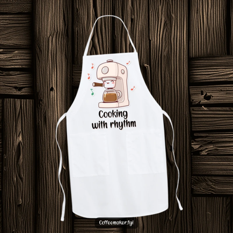 Funny Musical Coffee Maker Apron: Coffee machine dancing with musical notes, ready for kitchen tasks with a musical flair.
