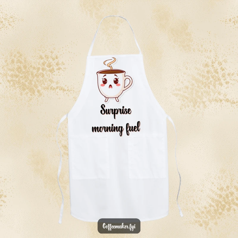Funny surprised coffee cup apron, character in shock with steam, ideal for humorous kitchen adventures.