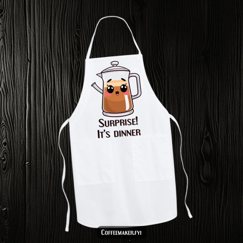 Funny kitchen apron with a surprised coffee pot design, ideal for adding humor to cooking and baking activities.