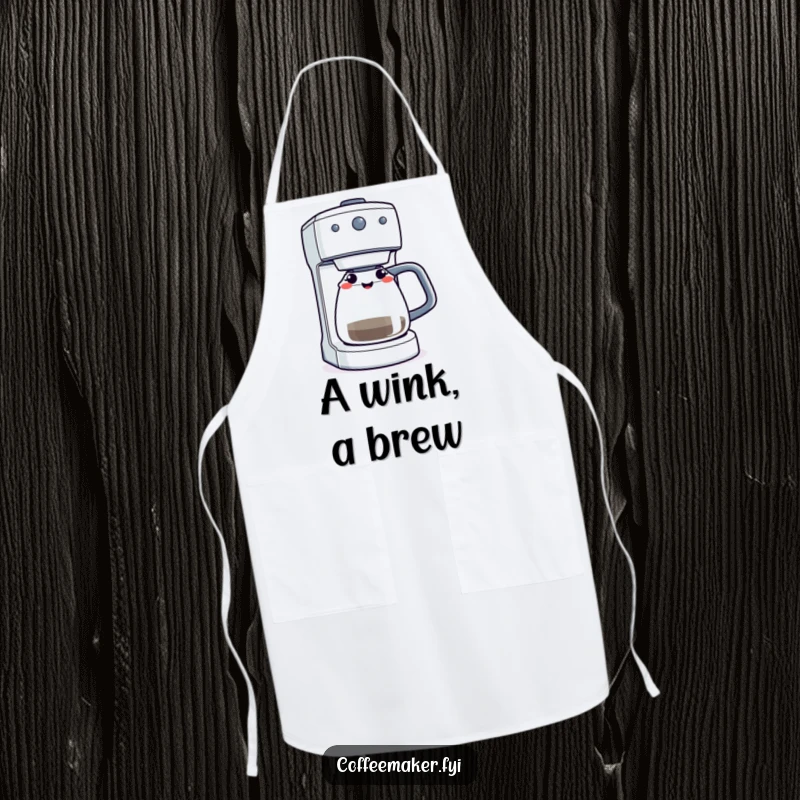 Funny coffee maker machine winking with its indicator light, shown on a stylish and protective kitchen apron.