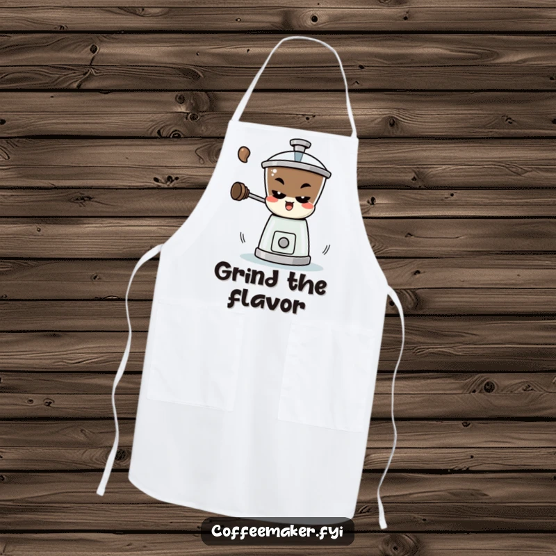 Funny Apron: A mischievous coffee grinder character spinning rapidly, perfect for a playful and aromatic cooking experience.