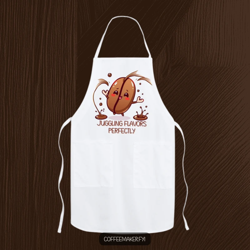 Funny coffee bean character juggling liquid streams on this apron, bringing skill to the kitchen.