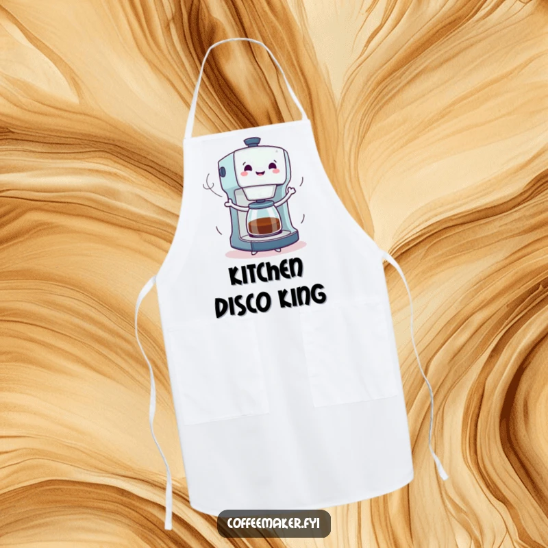 Funny apron with a coffee maker character dancing exuberantly, surrounded by dynamic steam trails, adding a humorous and energetic touch to cooking.