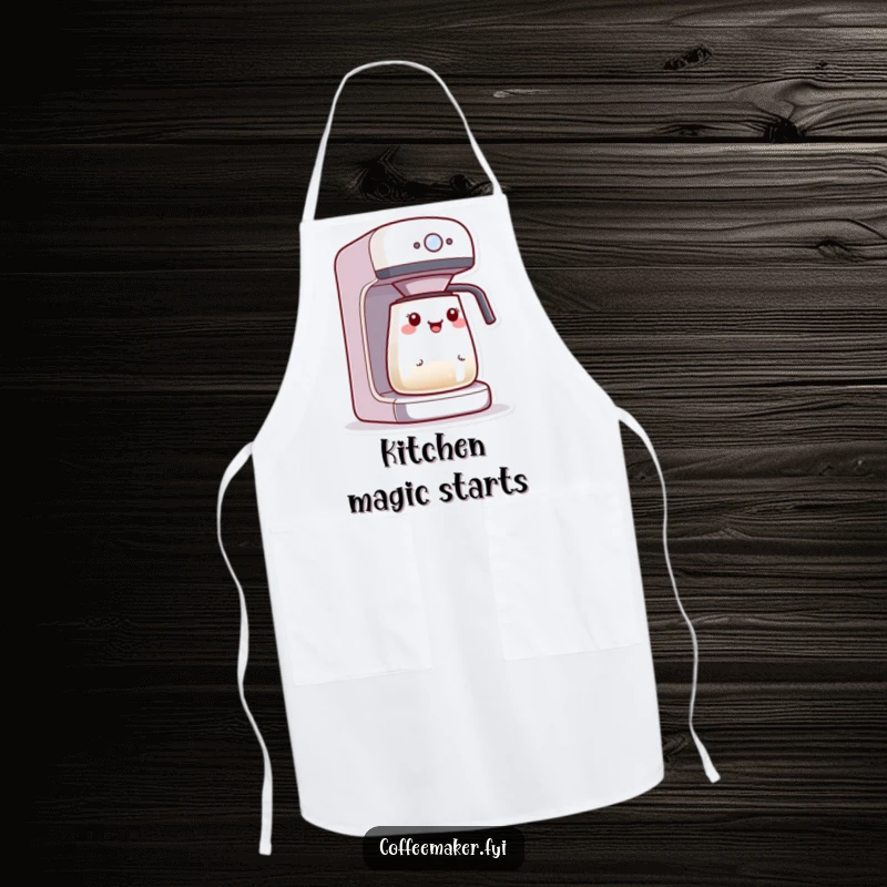 Funny Kawaii coffee maker apron, character excited by a blinking brewing light, perfect for the coffee-loving cook.