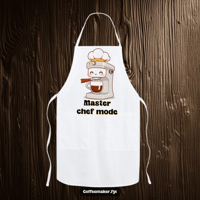Funny apron with a coffee maker character wearing a chef hat, presenting a fancy cup of coffee, adding humor to culinary tasks.
