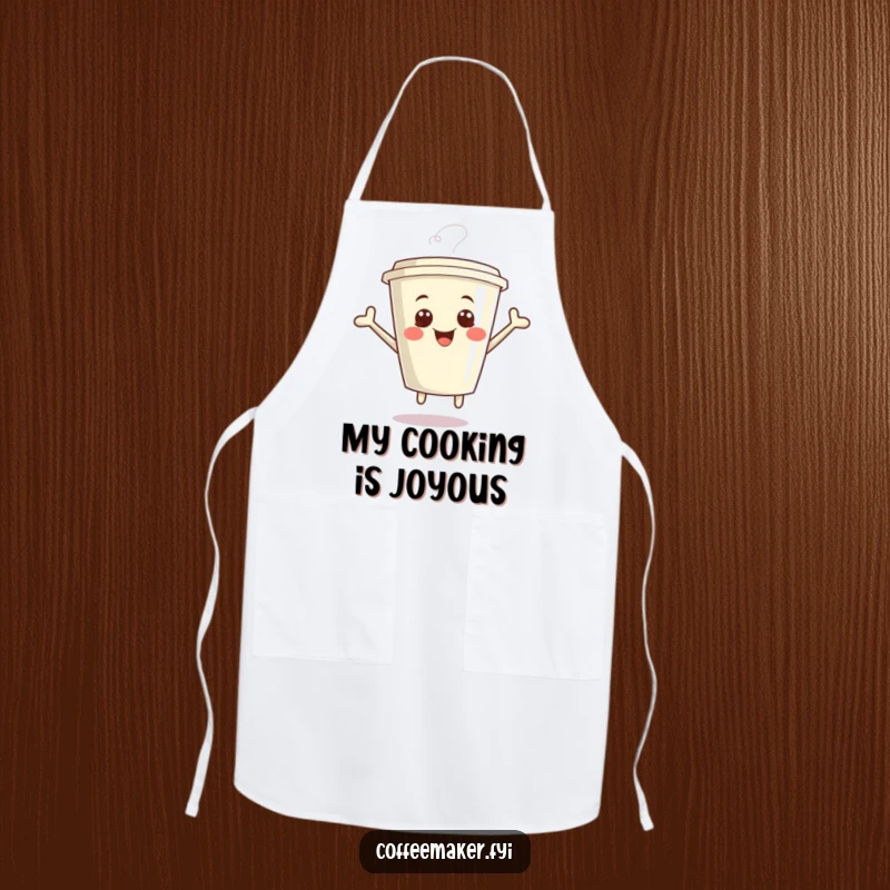 Funny Kawaii Coffee Cup Apron with a giggling cup jumping with glee, perfect for kitchen fun and a humorous gift.