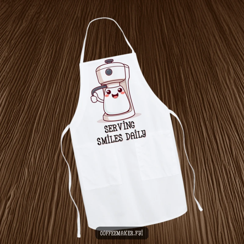 Funny Kawaii coffee maker apron, character's handle extended in a welcoming gesture, perfect for the kitchen.