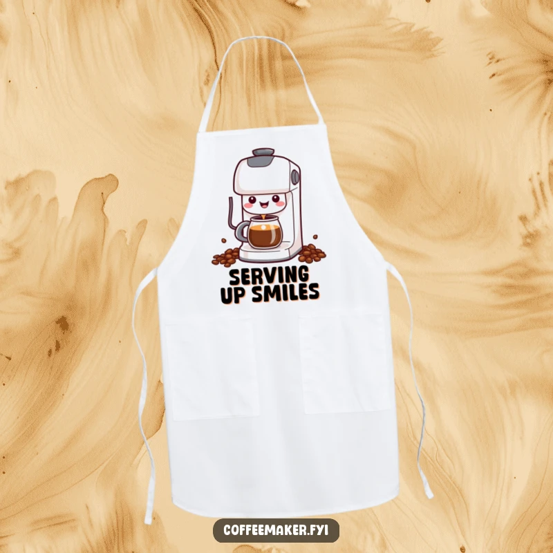 Funny Kawaii Coffee Maker Apron with a cheerful character happily dispensing coffee, making kitchen tasks fun.