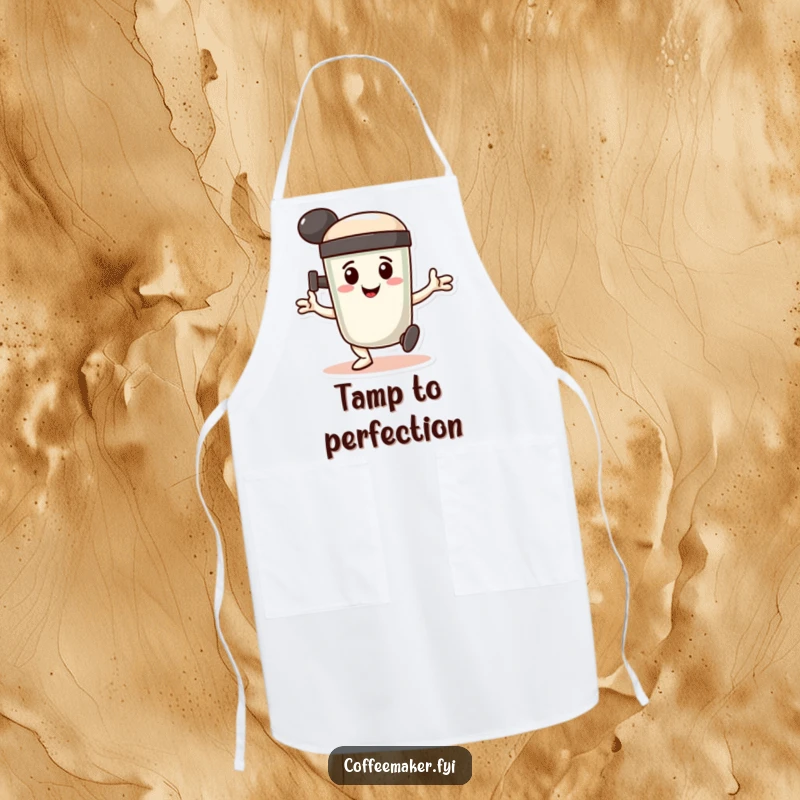 Funny Apron: A smiling coffee tamper character doing a determined, stamping dance, perfect for a focused and humorous cooking session.