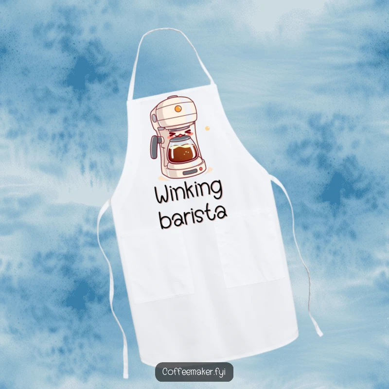 Funny apron featuring a mischievous kawaii coffee maker winking while brewing a bubbly mixture, perfect for a humorous kitchen.