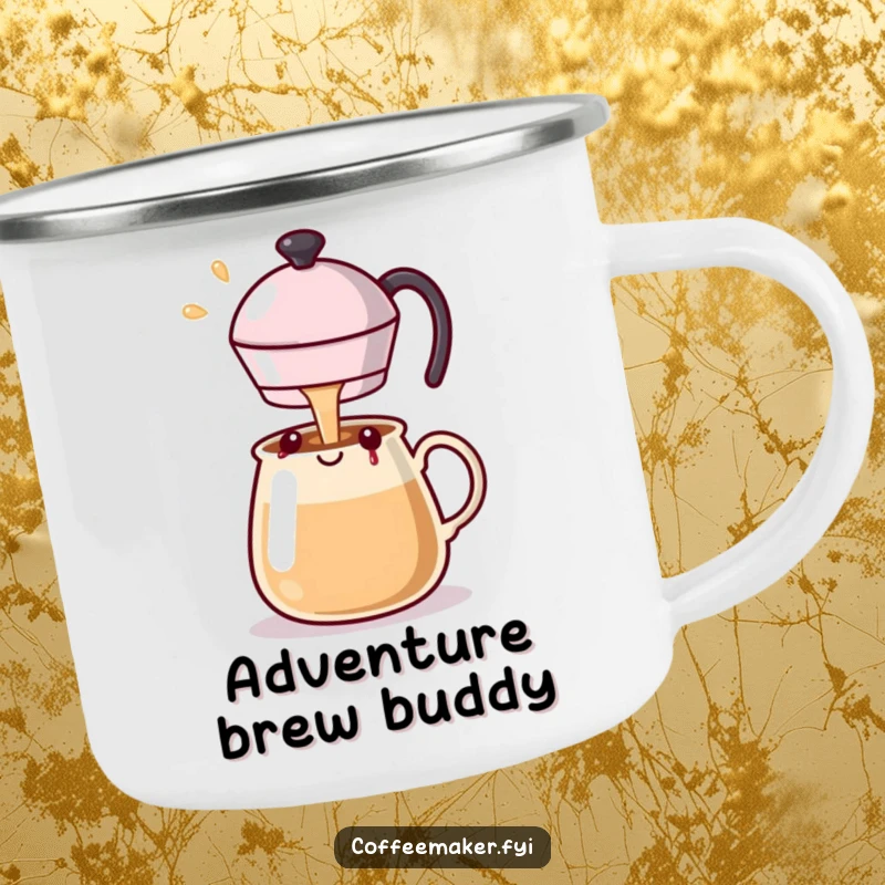 Funny Kawaii coffee pot camping mug sturdy and ready, pouring a stream of happiness for outdoor enjoyment.