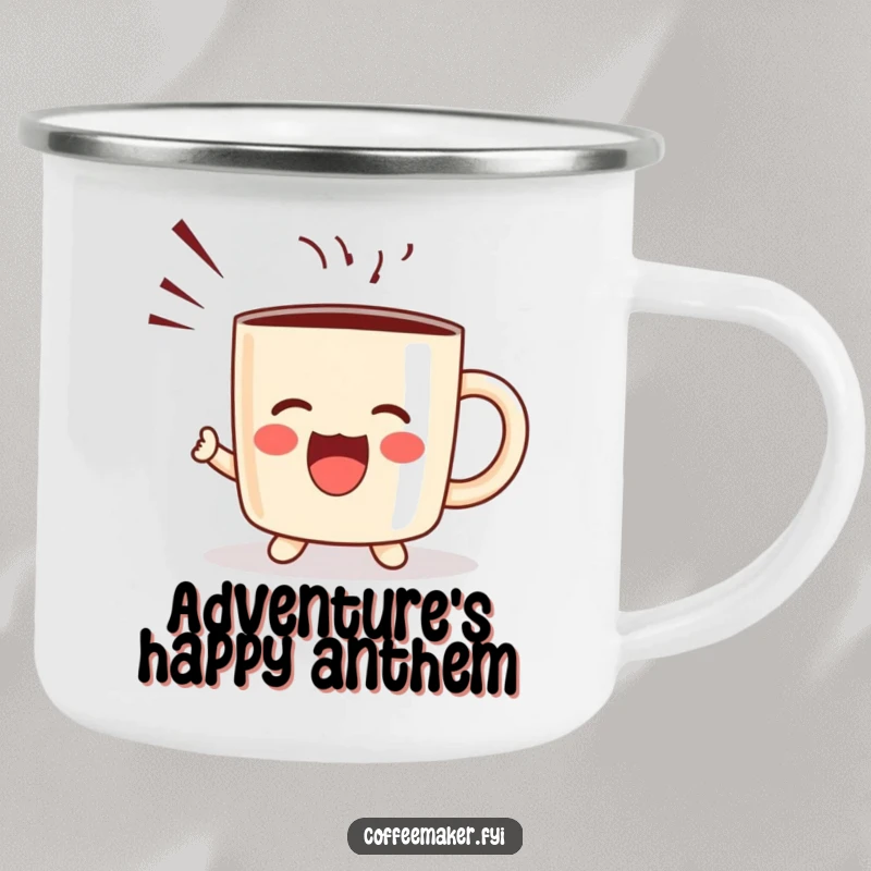 Funny camping mug featuring a kawaii coffee mug character joyfully shouting, designed for outdoor enjoyment and cheer.
