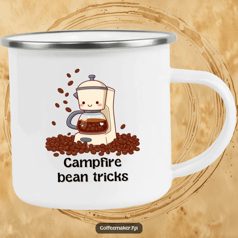 Funny coffee maker camping mug showing a coffee maker juggling coffee beans with its spout, designed for outdoor adventures and humor.