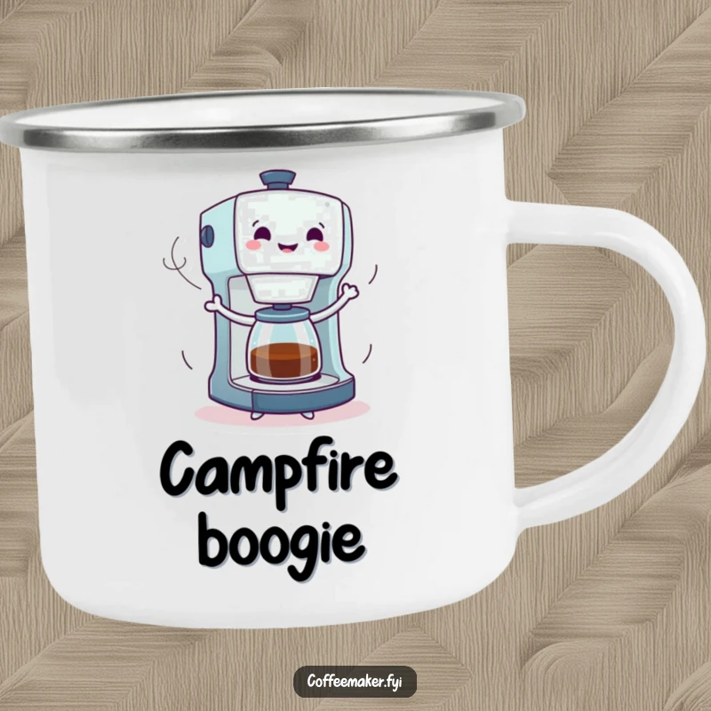 Funny camping mug with a coffee maker character dancing enthusiastically, steam trails swirling, perfect for sipping coffee during exciting outdoor trips.