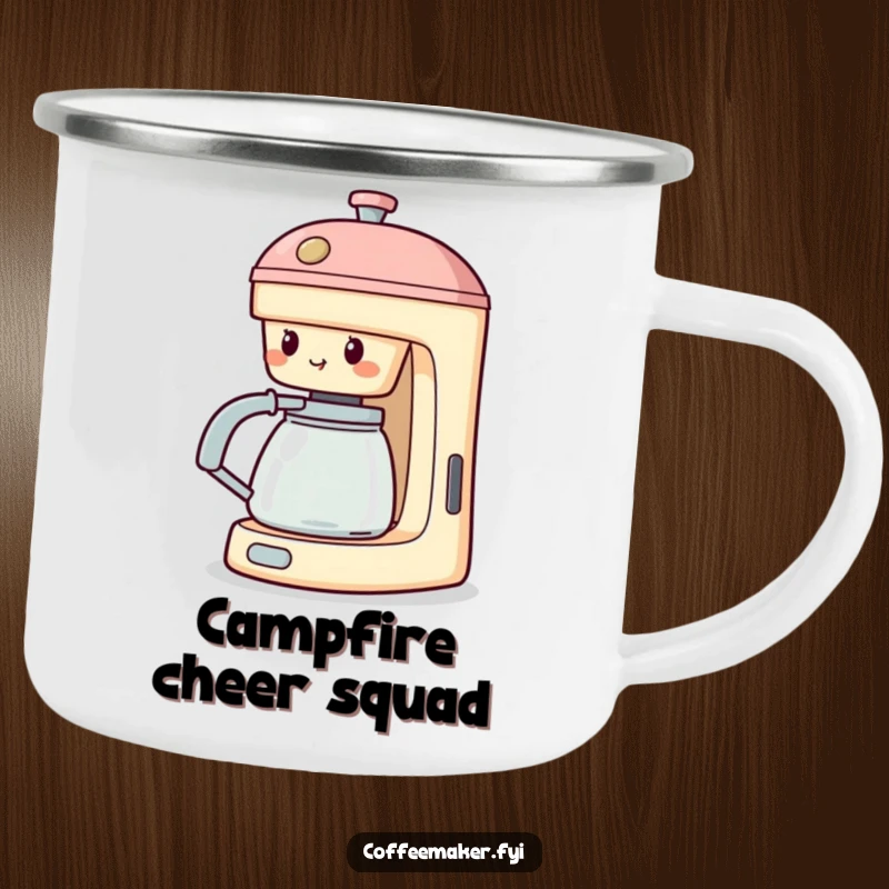 Funny Cheering Coffee Maker Camping Mug: Machine with spout extended, cheering, ready for outdoor adventures and supportive brews.