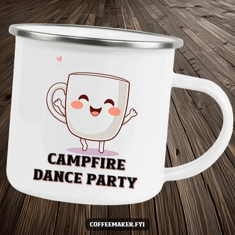 Funny Kawaii Coffee Mug Camping Mug depicting a cheerful mug character dancing joyfully, perfect for enjoying happy coffee outdoors.