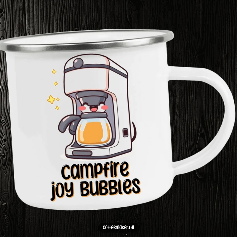 Funny Kawaii Coffee Maker Camping Mug featuring a character happily bubbling with joy, for humorous outdoor enjoyment.